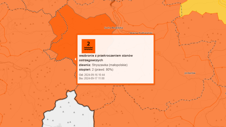 Stryszawka – wezbranie z przekroczeniem stanów ostrzegawczych 2 stopnia.