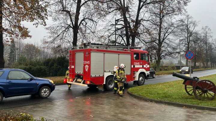 Kilka jednostek straży pożarnej walczy z usuwaniem długiej plamy na jezdni (wideo).